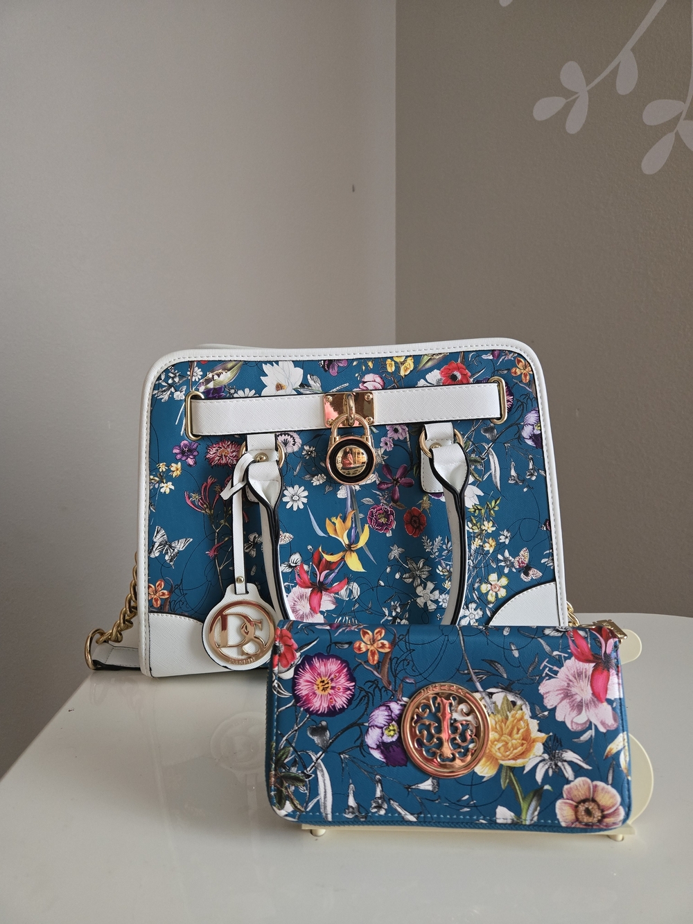 Dasein Floral Teal Satchel and Wallet Set - Designer Style